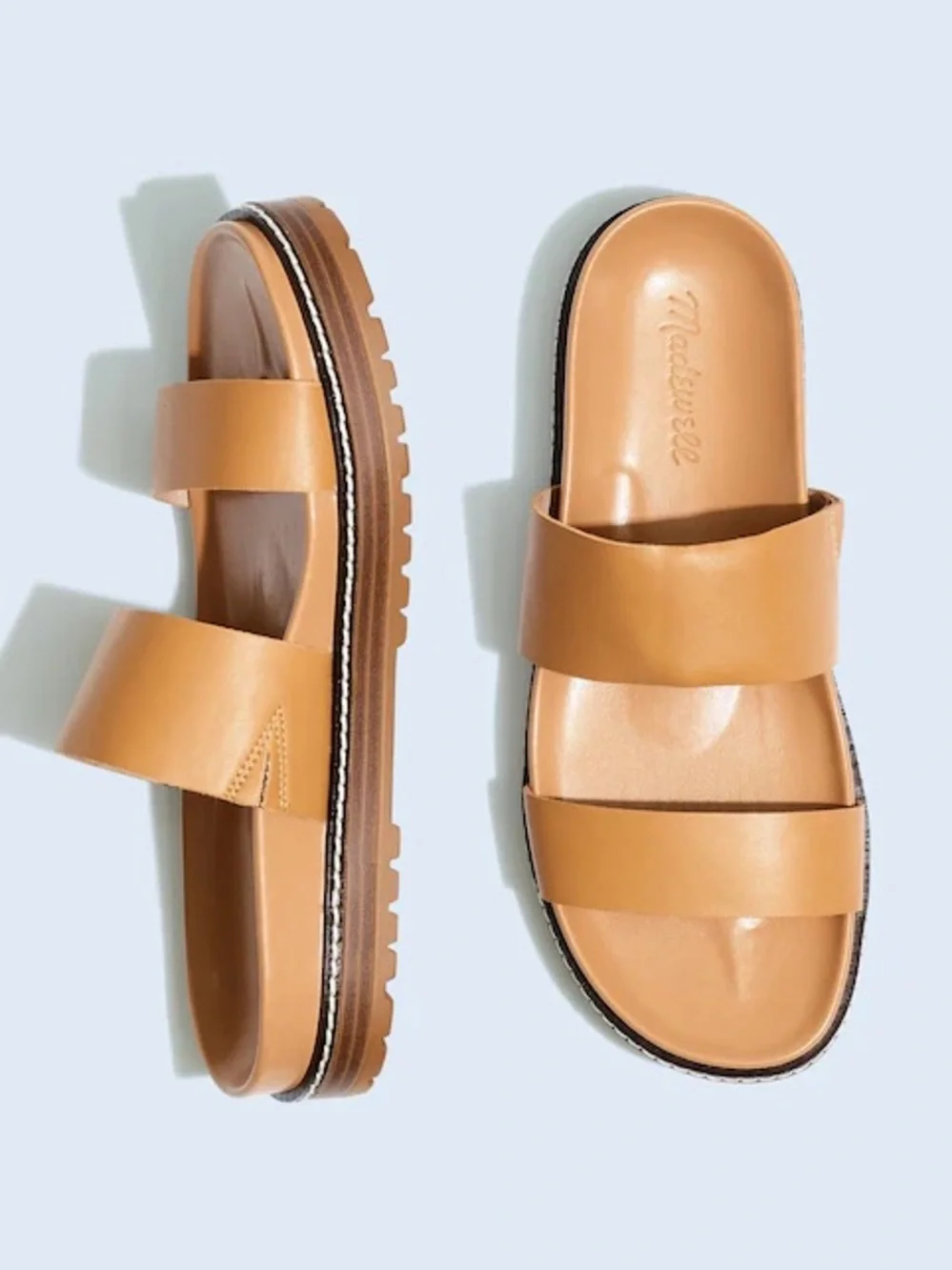 Madewell The Charley Double-Strap Camel Brown Leather Slide Sandals ND955 Size 8